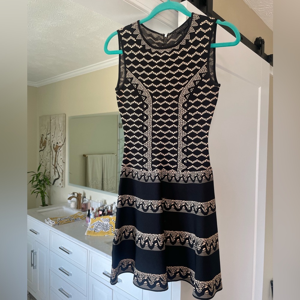 BCBGMaxAzria Black and Tan Wilma Geometric Scuba Knit  A-Line Sleeveless Dress
